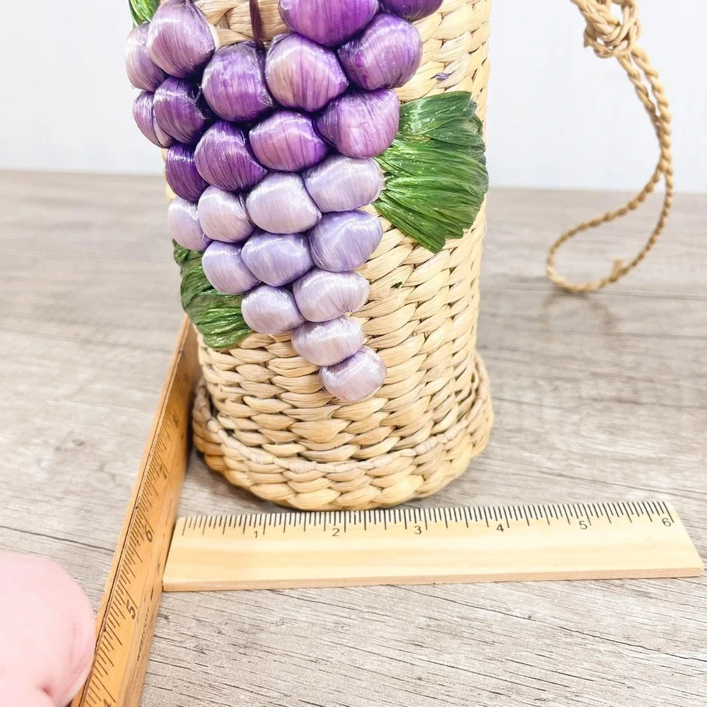 1970s Wine Bottle Holder, Hand-Woven Sea Grass Grapes & Leaves | Boho Bar Decor‎